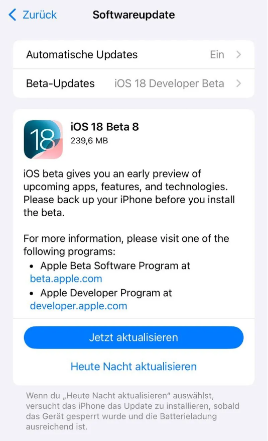 石河子苹果手机维修分享苹果 iOS / iPadOS 18 开发者预览版 Beta 8 发布 
